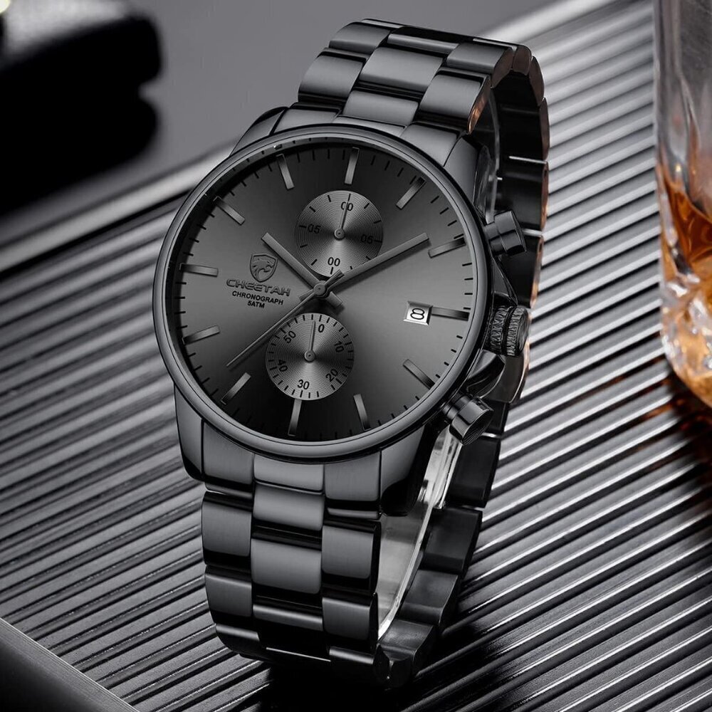GOLDEN HOUR Men's Black Stainless Steel Chronograph Quartz Watch Waterproof - Picture 7 of 8